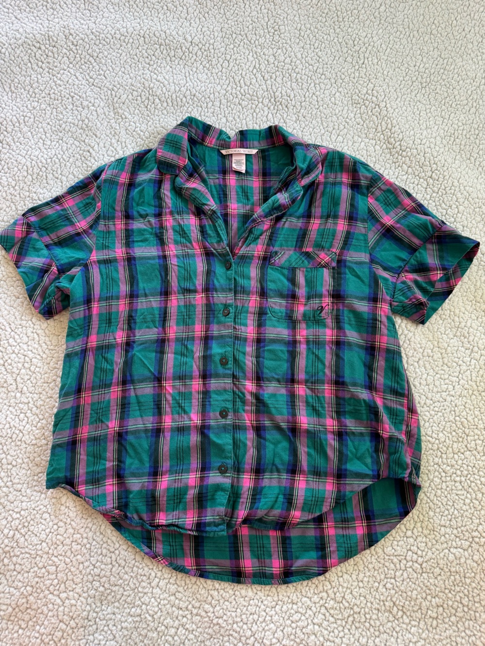 Victoria's Secret Green & Pink Plaid Short-Sleeve Button-Up Pajama Top